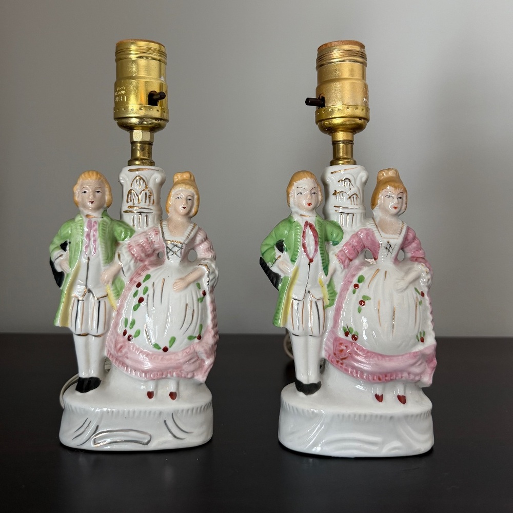 Vintage Porcelain Victorian Lamps Hand Painted Pair - Set of 2
